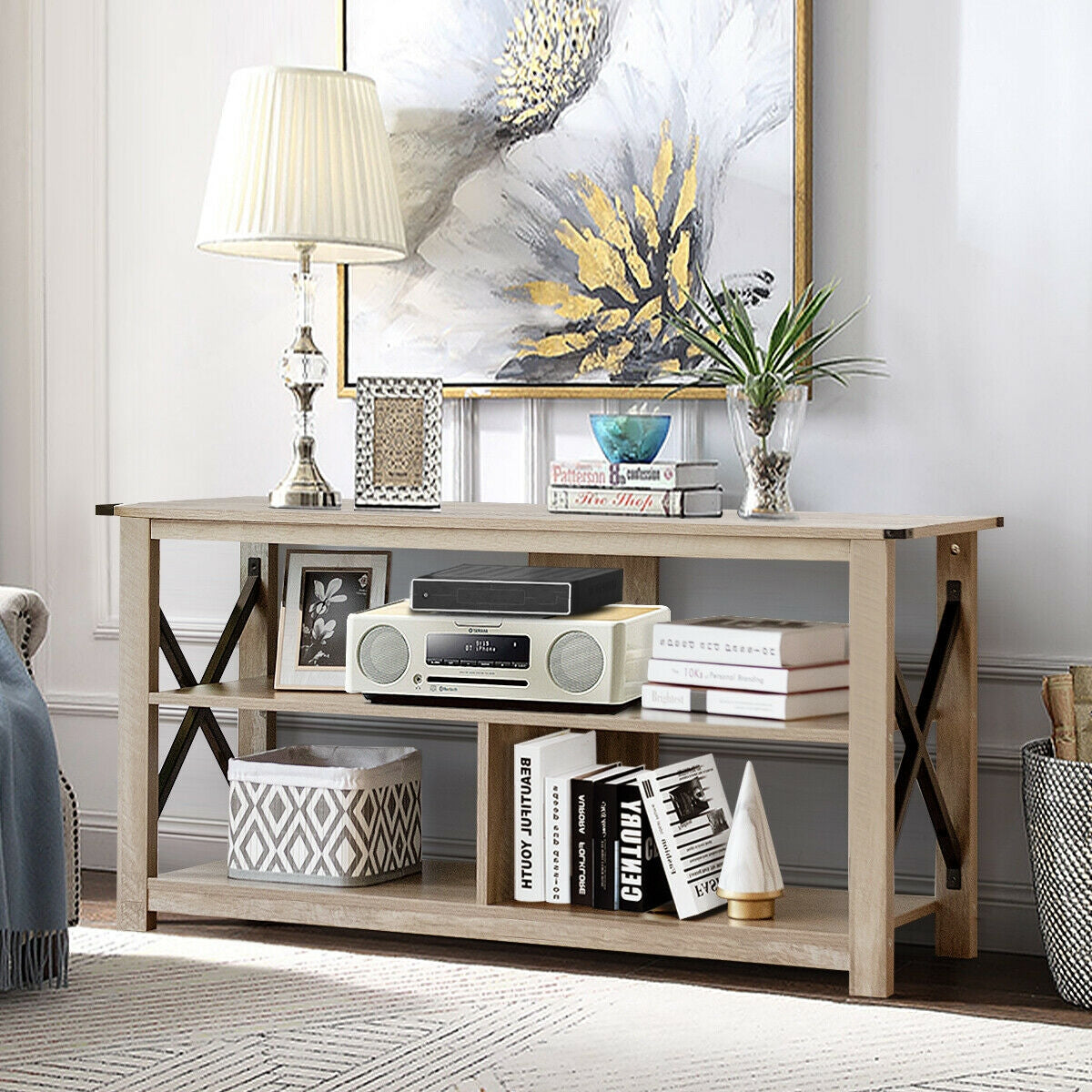 3 Tier Wooden TV Stand with Open Storage and Metal Frame for TVs up to 55 Inches - Grey