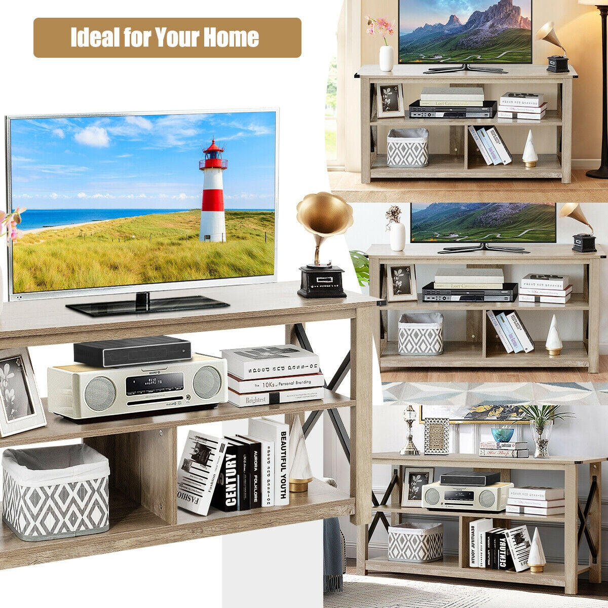 3 Tier Wooden TV Stand with Open Storage and Metal Frame for TVs up to 55 Inches - Grey