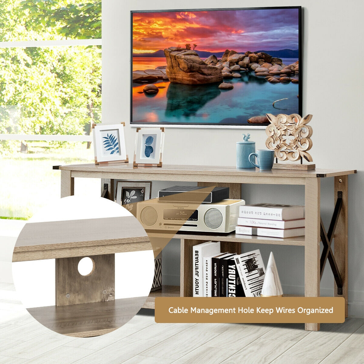 3 Tier Wooden TV Stand with Open Storage and Metal Frame for TVs up to 55 Inches - Grey
