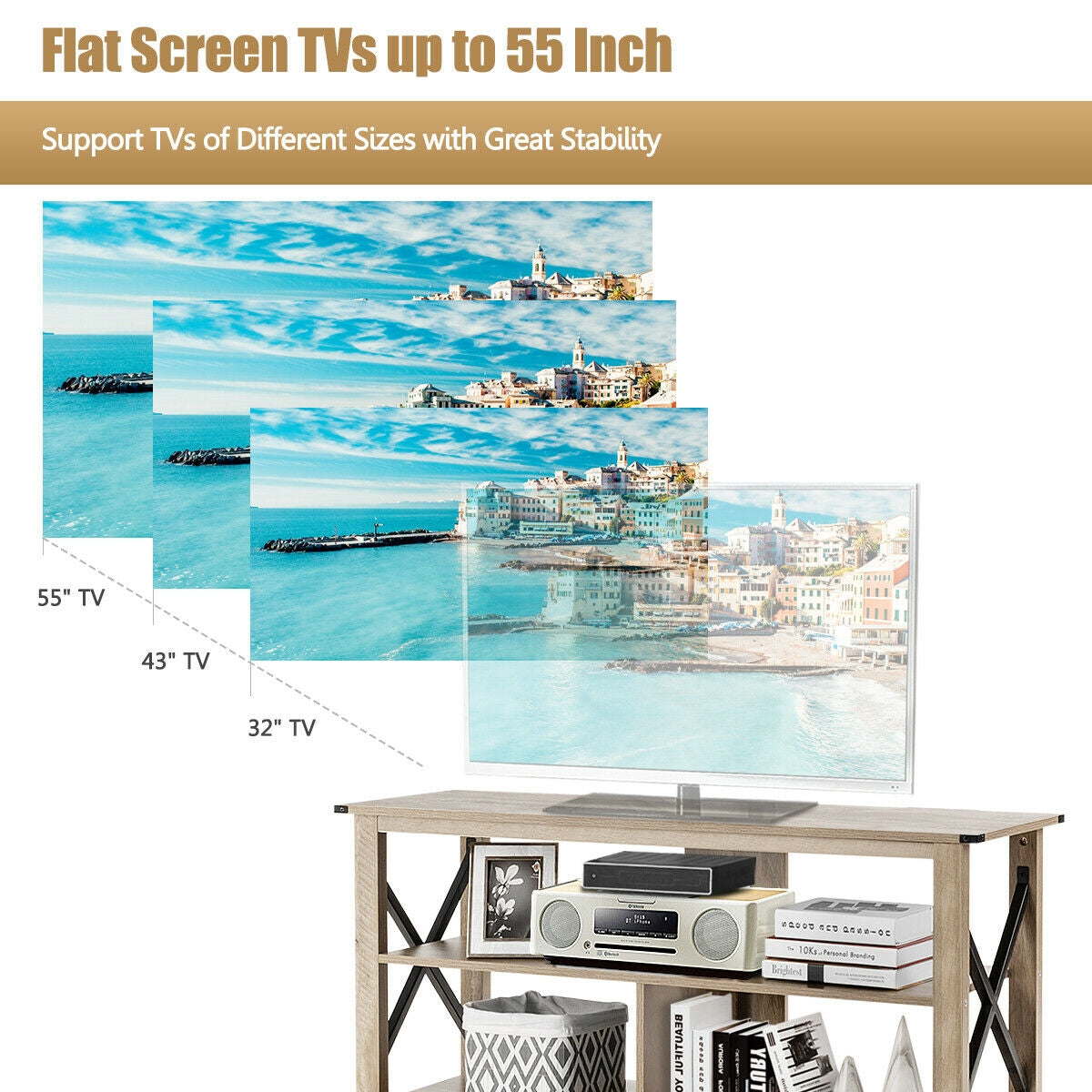 3 Tier Wooden TV Stand with Open Storage and Metal Frame for TVs up to 55 Inches - Grey