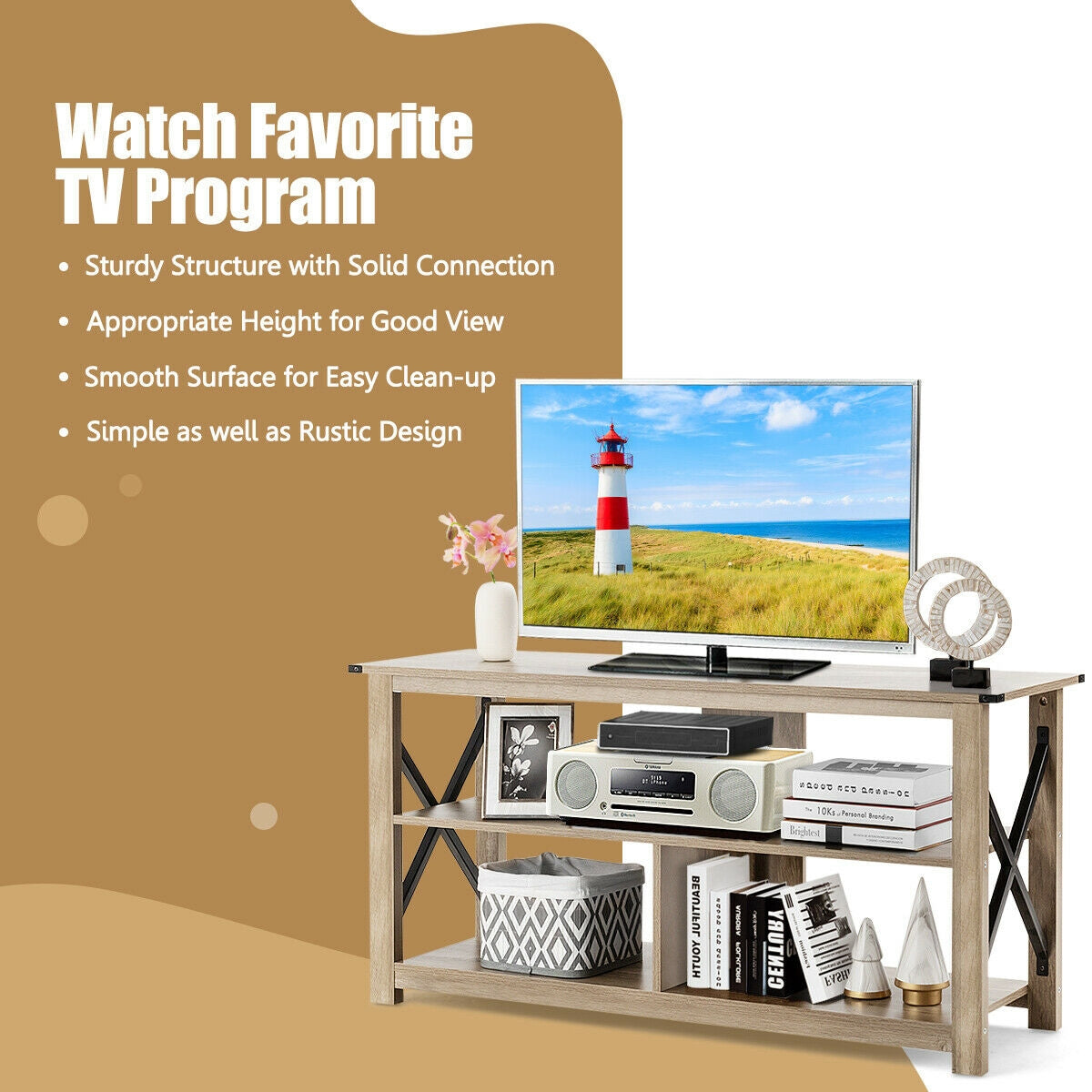 3 Tier Wooden TV Stand with Open Storage and Metal Frame for TVs up to 55 Inches - Grey