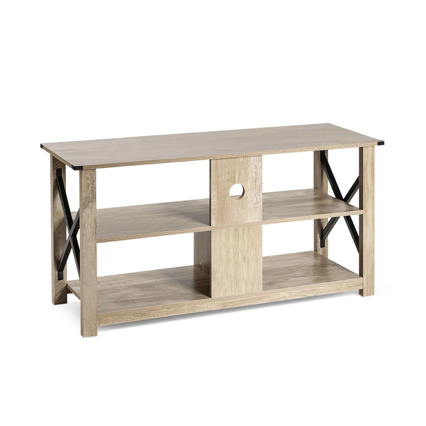 3 Tier Wooden TV Stand with Open Storage and Metal Frame for TVs up to 55 Inches - Grey