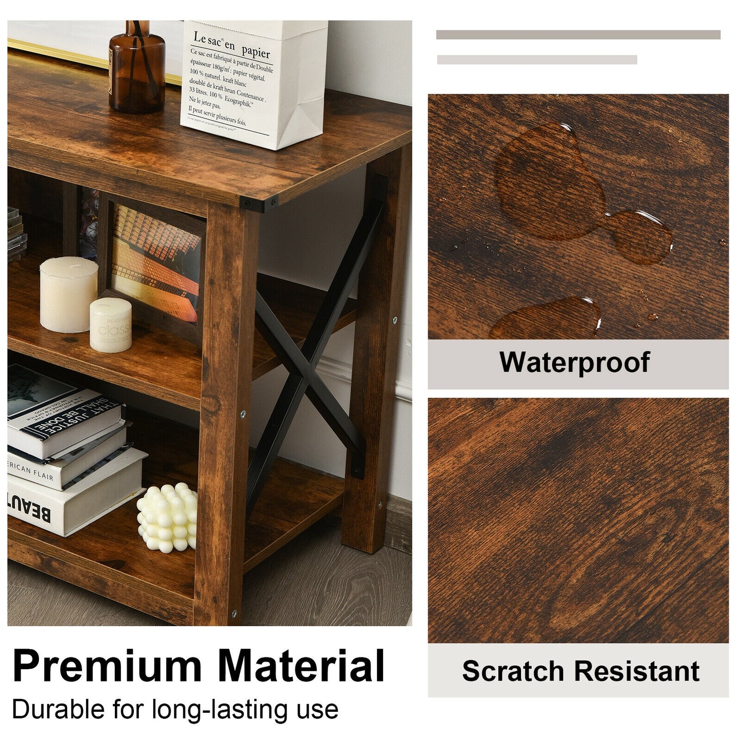 3 Tier Wooden TV Stand with Open Storage and Metal Frame for TVs up to 55 Inches - Brown