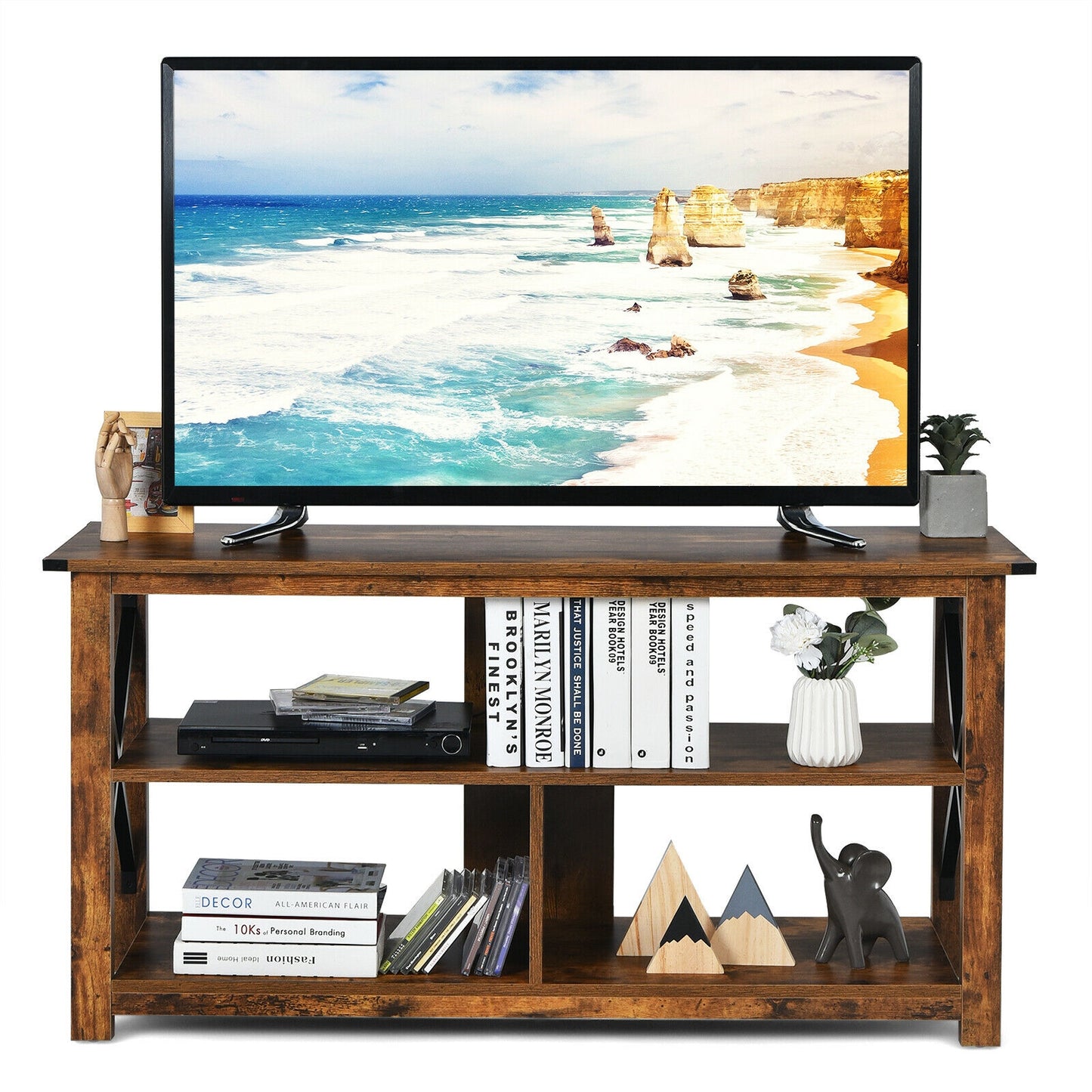 3 Tier Wooden TV Stand with Open Storage and Metal Frame for TVs up to 55 Inches - Brown