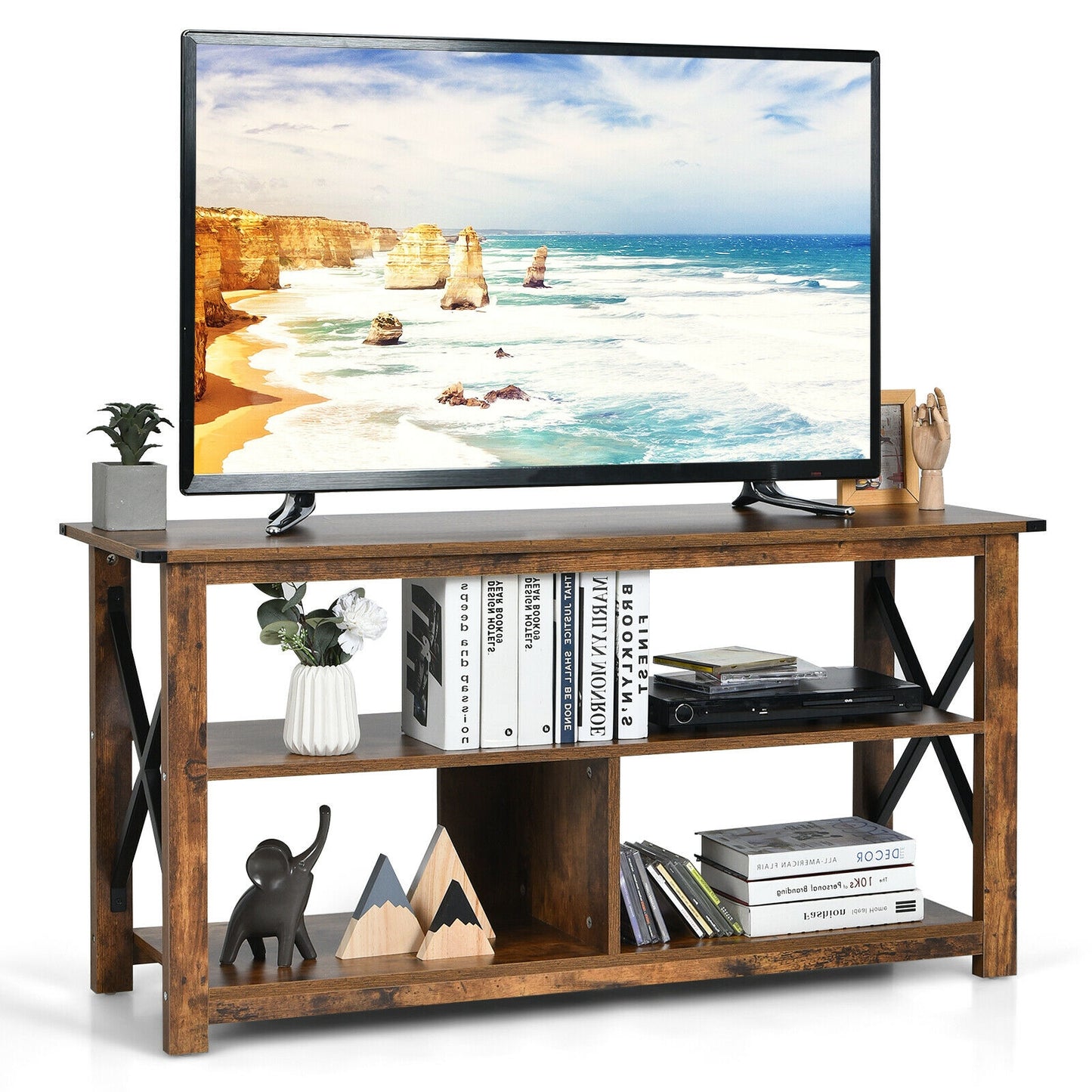 3 Tier Wooden TV Stand with Open Storage and Metal Frame for TVs up to 55 Inches - Brown