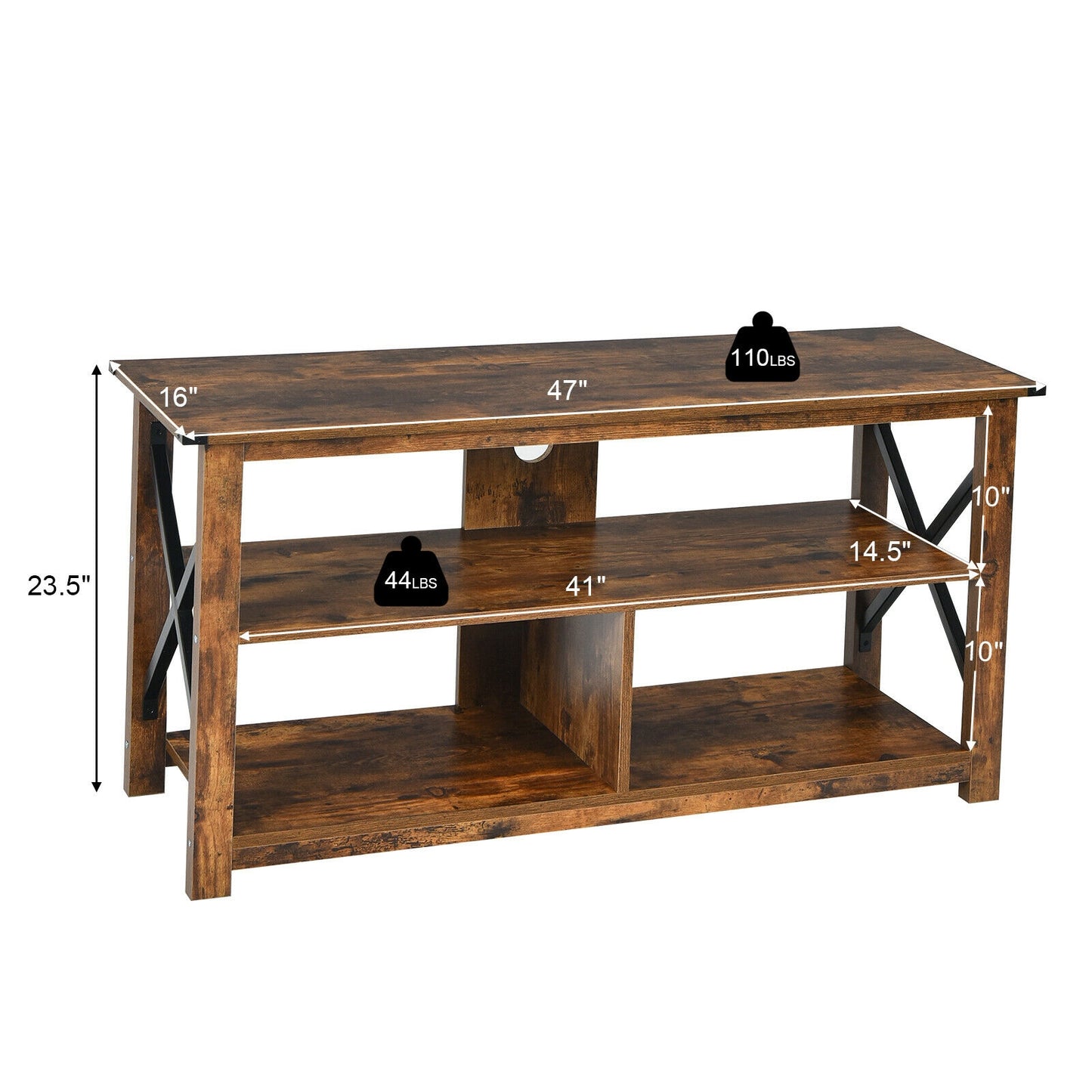 3 Tier Wooden TV Stand with Open Storage and Metal Frame for TVs up to 55 Inches - Brown