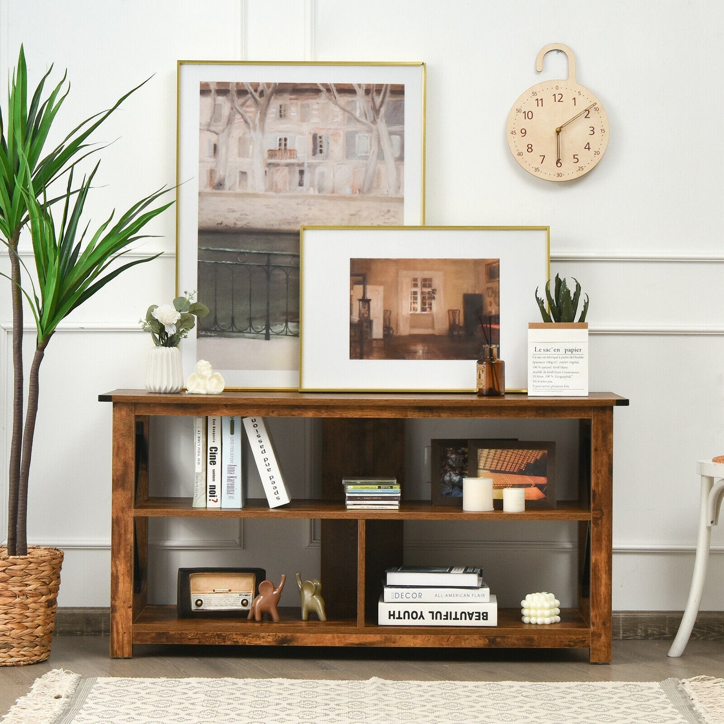 3 Tier Wooden TV Stand with Open Storage and Metal Frame for TVs up to 55 Inches - Brown