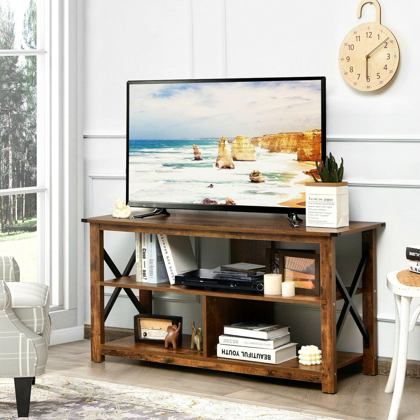 3 Tier Wooden TV Stand with Open Storage and Metal Frame for TVs up to 55 Inches - Brown
