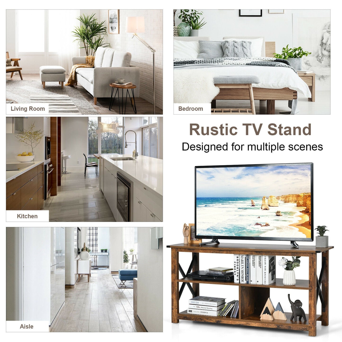3 Tier Wooden TV Stand with Open Storage and Metal Frame for TVs up to 55 Inches - Brown
