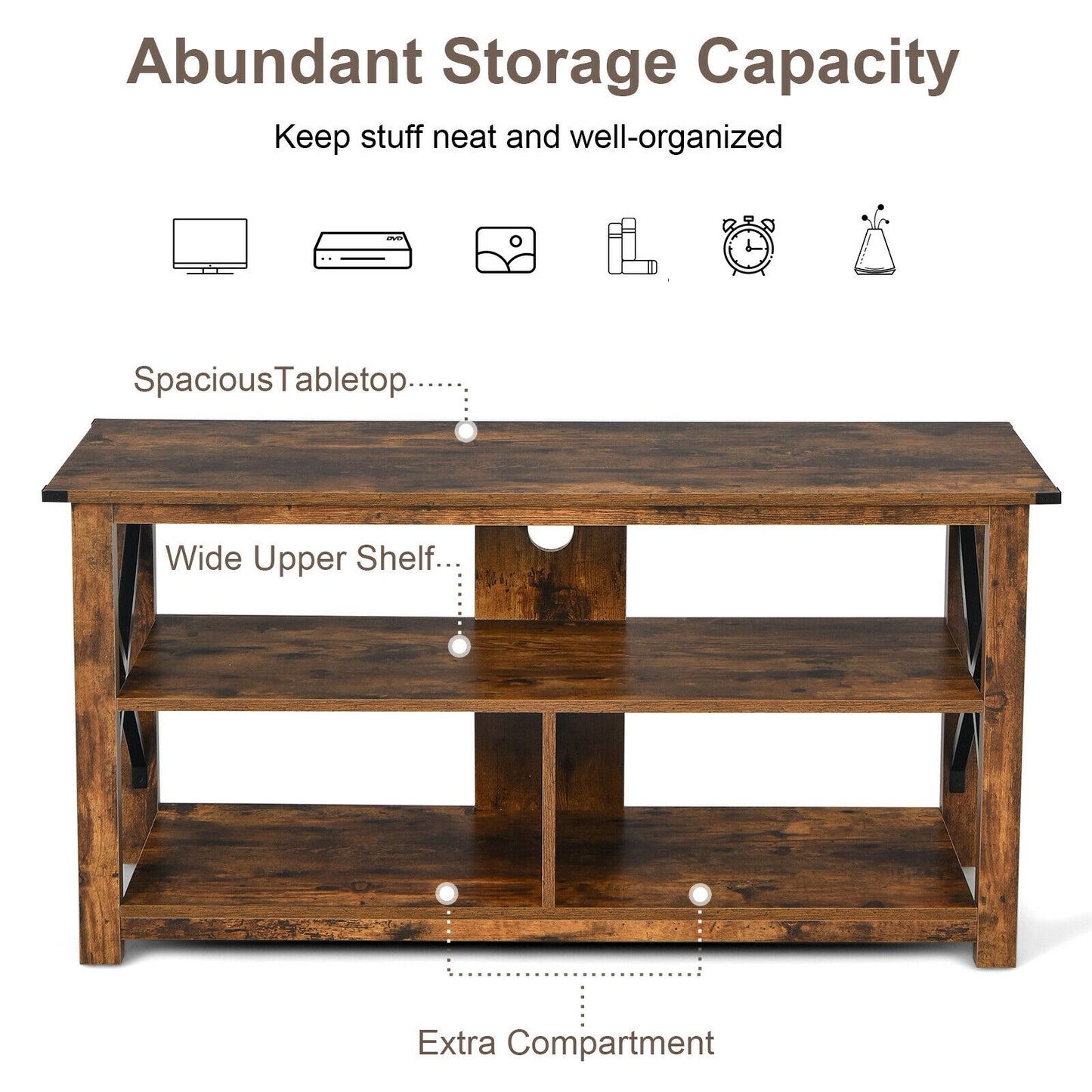 3 Tier Wooden TV Stand with Open Storage and Metal Frame for TVs up to 55 Inches - Brown