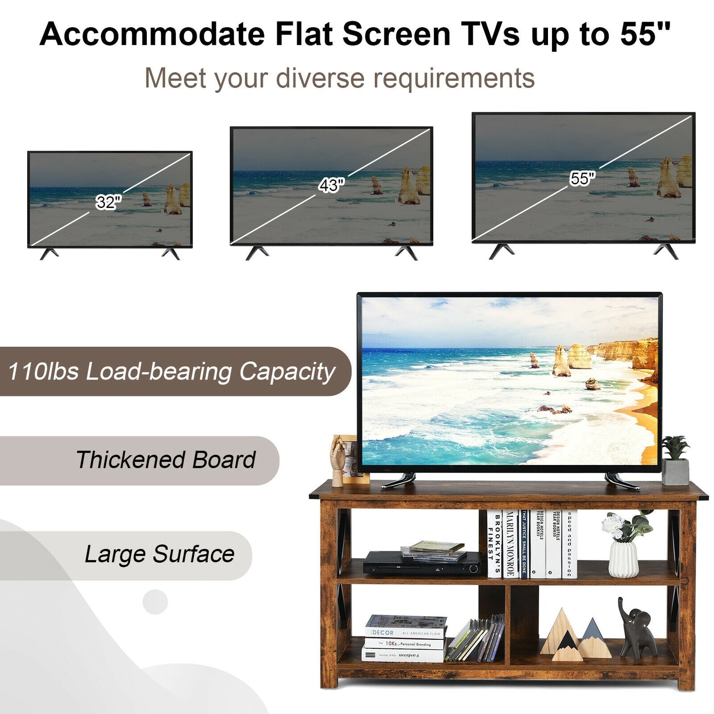 3 Tier Wooden TV Stand with Open Storage and Metal Frame for TVs up to 55 Inches - Brown