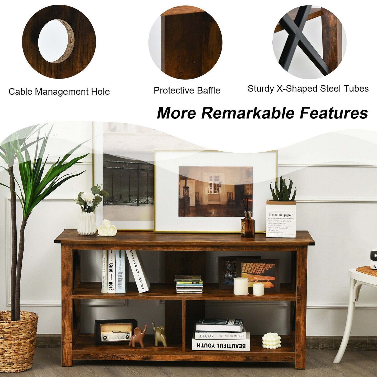 3 Tier Wooden TV Stand with Open Storage and Metal Frame for TVs up to 55 Inches - Brown