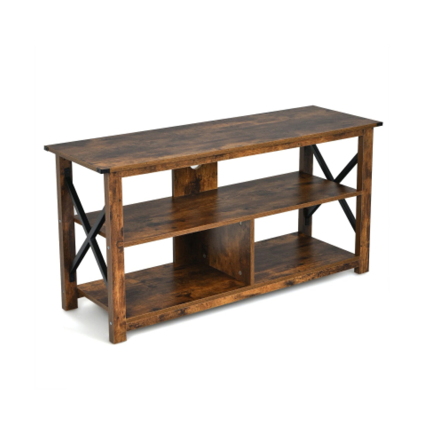 3 Tier Wooden TV Stand with Open Storage and Metal Frame for TVs up to 55 Inches - Brown