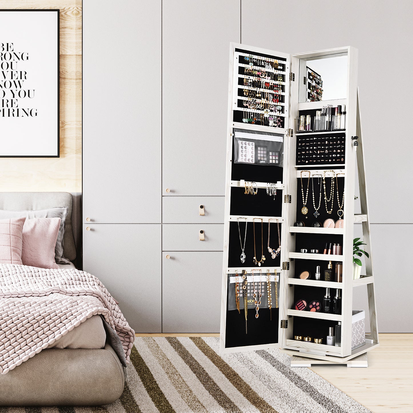360 Degree Rotating Jewelry Armoire with Lockable Storage and Full Length Mirror in White