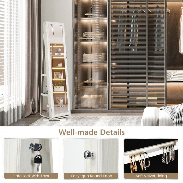 360 Degree Rotating Jewelry Armoire with Lockable Storage and Full Length Mirror in White