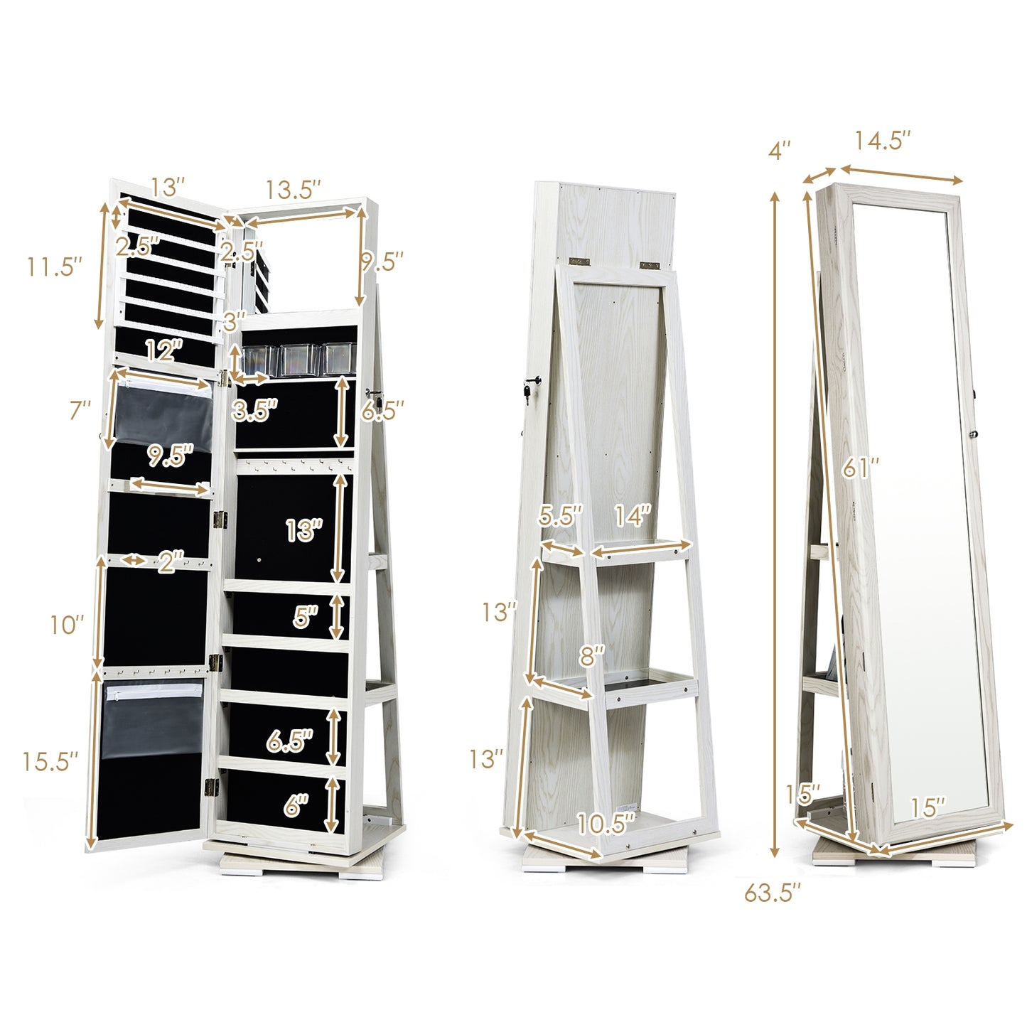 360 Degree Rotating Jewelry Armoire with Lockable Storage and Full Length Mirror in White