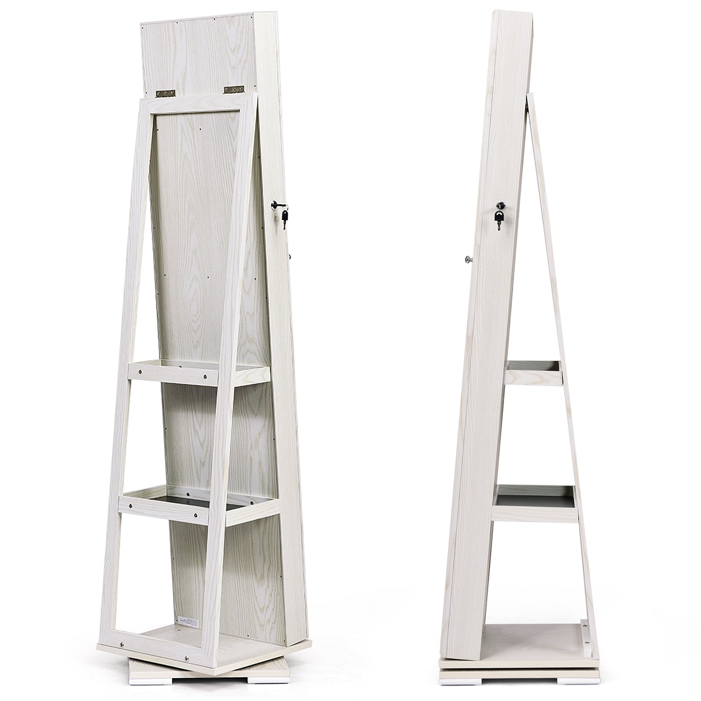 360 Degree Rotating Jewelry Armoire with Lockable Storage and Full Length Mirror in White