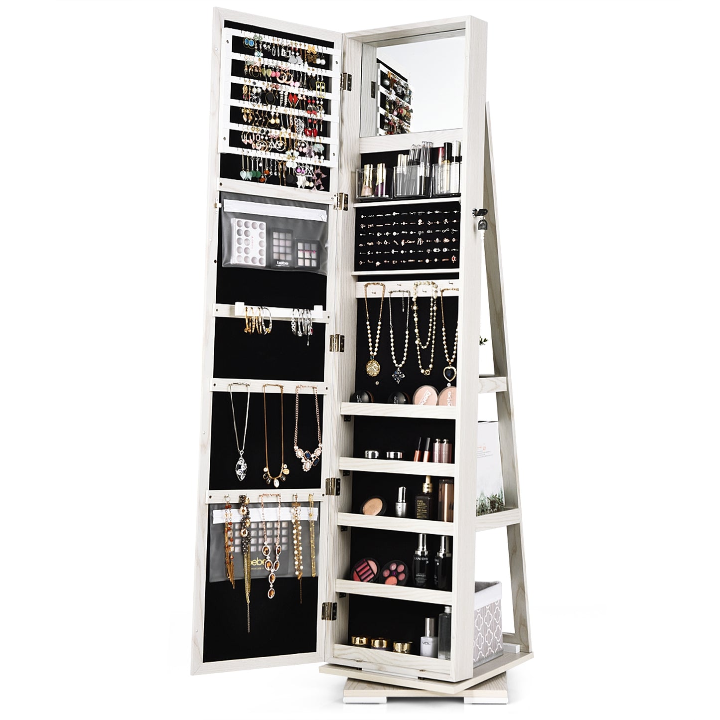 360 Degree Rotating Jewelry Armoire with Lockable Storage and Full Length Mirror in White