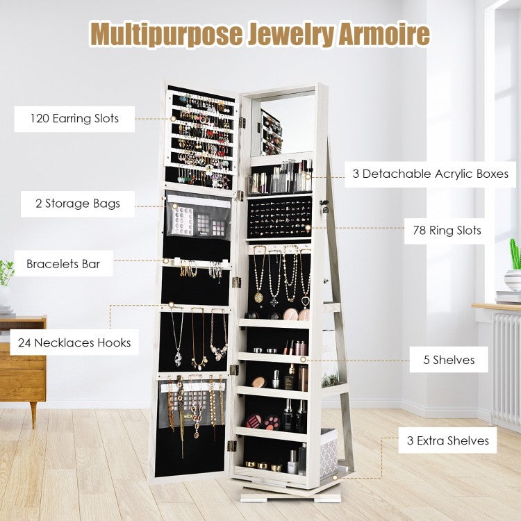 360 Degree Rotating Jewelry Armoire with Lockable Storage and Full Length Mirror in White