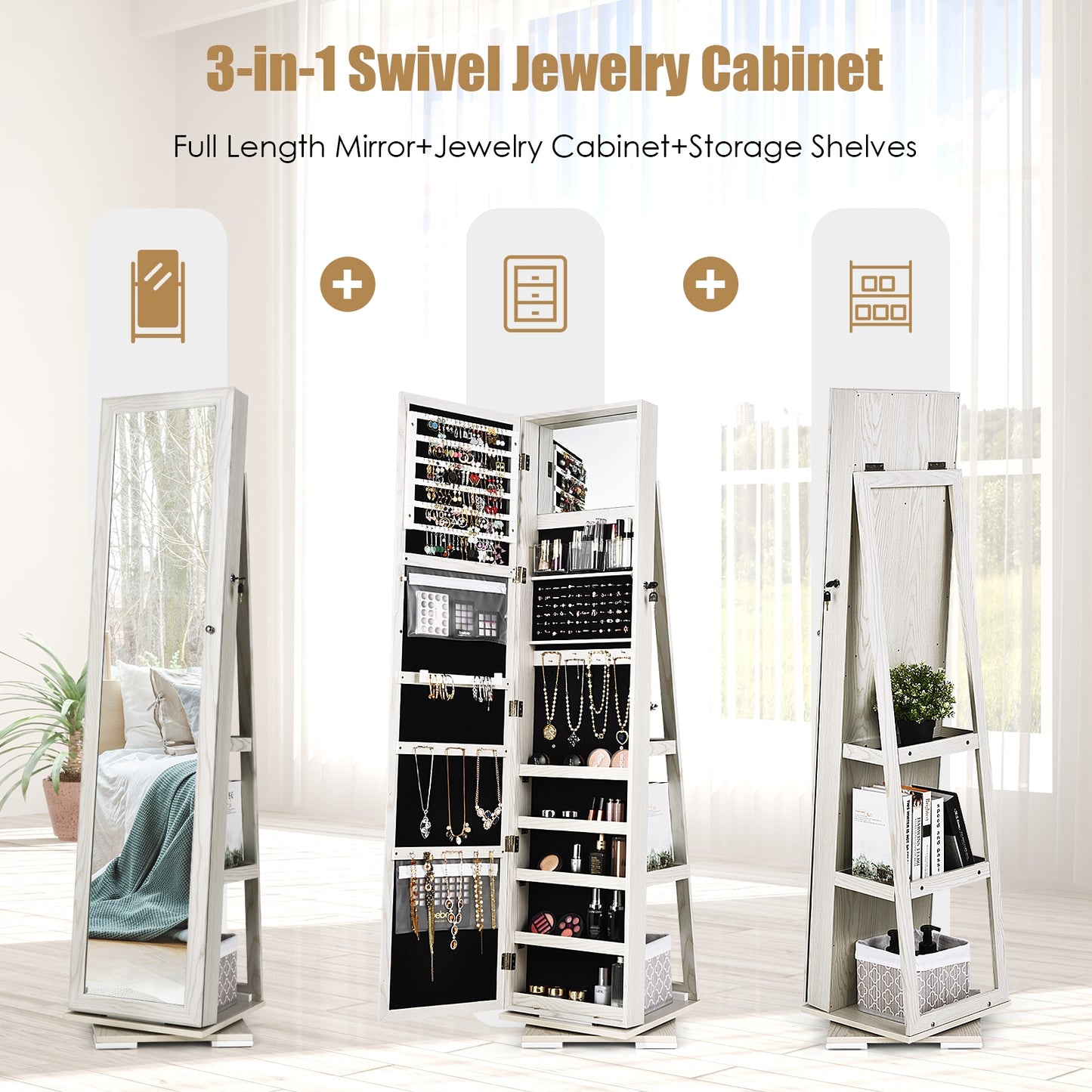 360 Degree Rotating Jewelry Armoire with Lockable Storage and Full Length Mirror in White