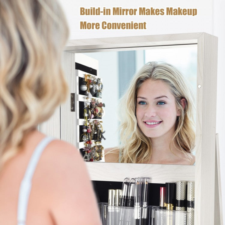 360 Degree Rotating Jewelry Armoire with Lockable Storage and Full Length Mirror in White