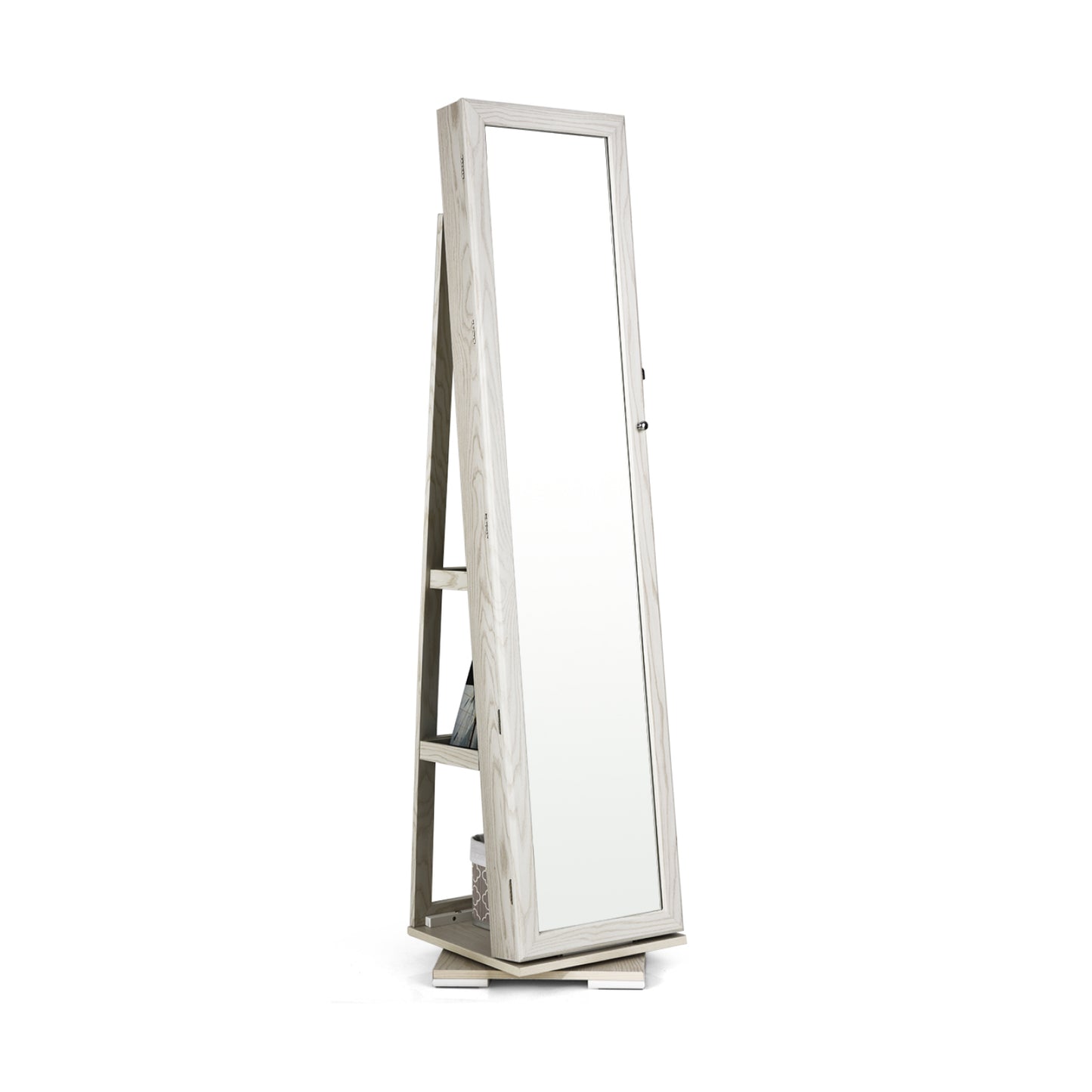 360 Degree Rotating Jewelry Armoire with Lockable Storage and Full Length Mirror in White