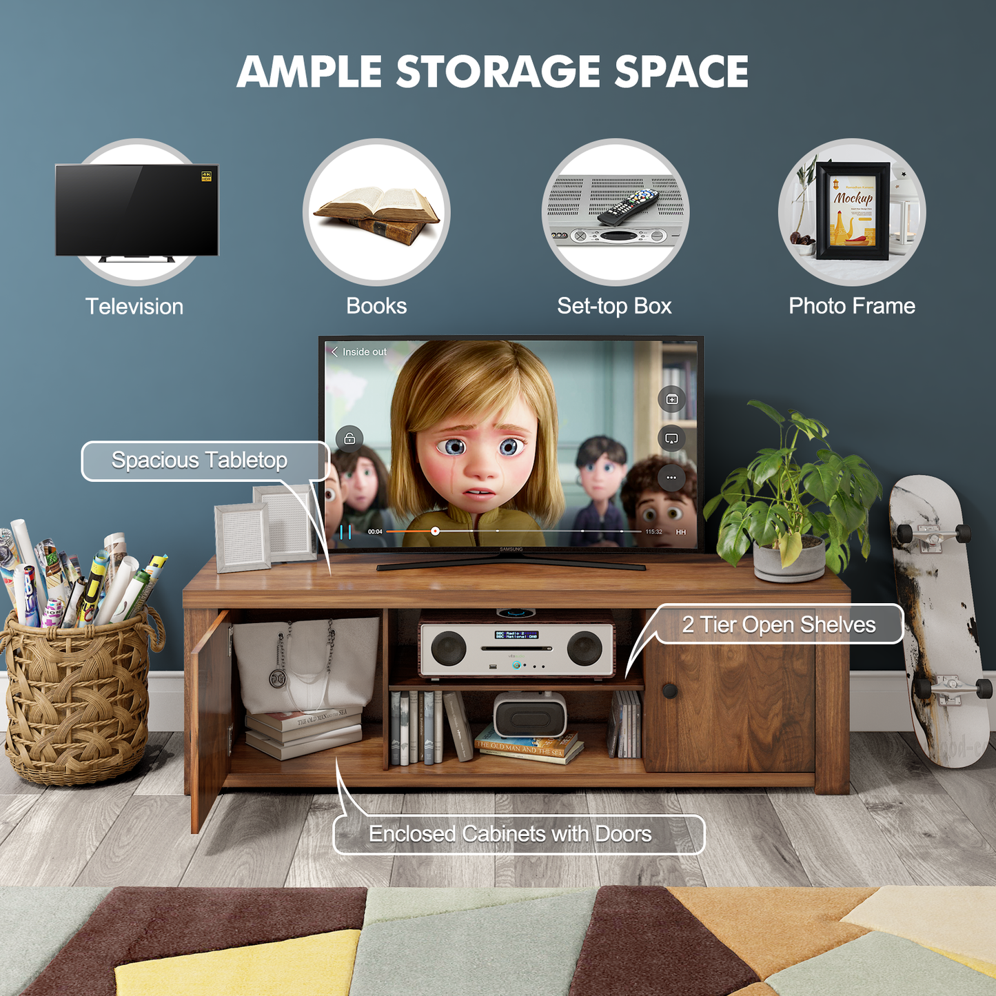 59 Inch Retro TV Console with Cabinets and Cable Management for TVs up to 65 Inch