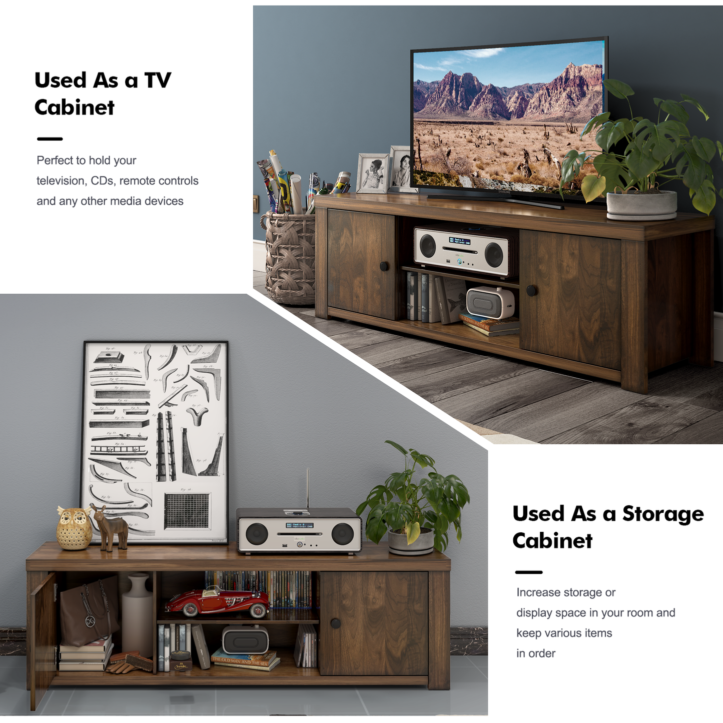 59 Inch Retro TV Console with Cabinets and Cable Management for TVs up to 65 Inch