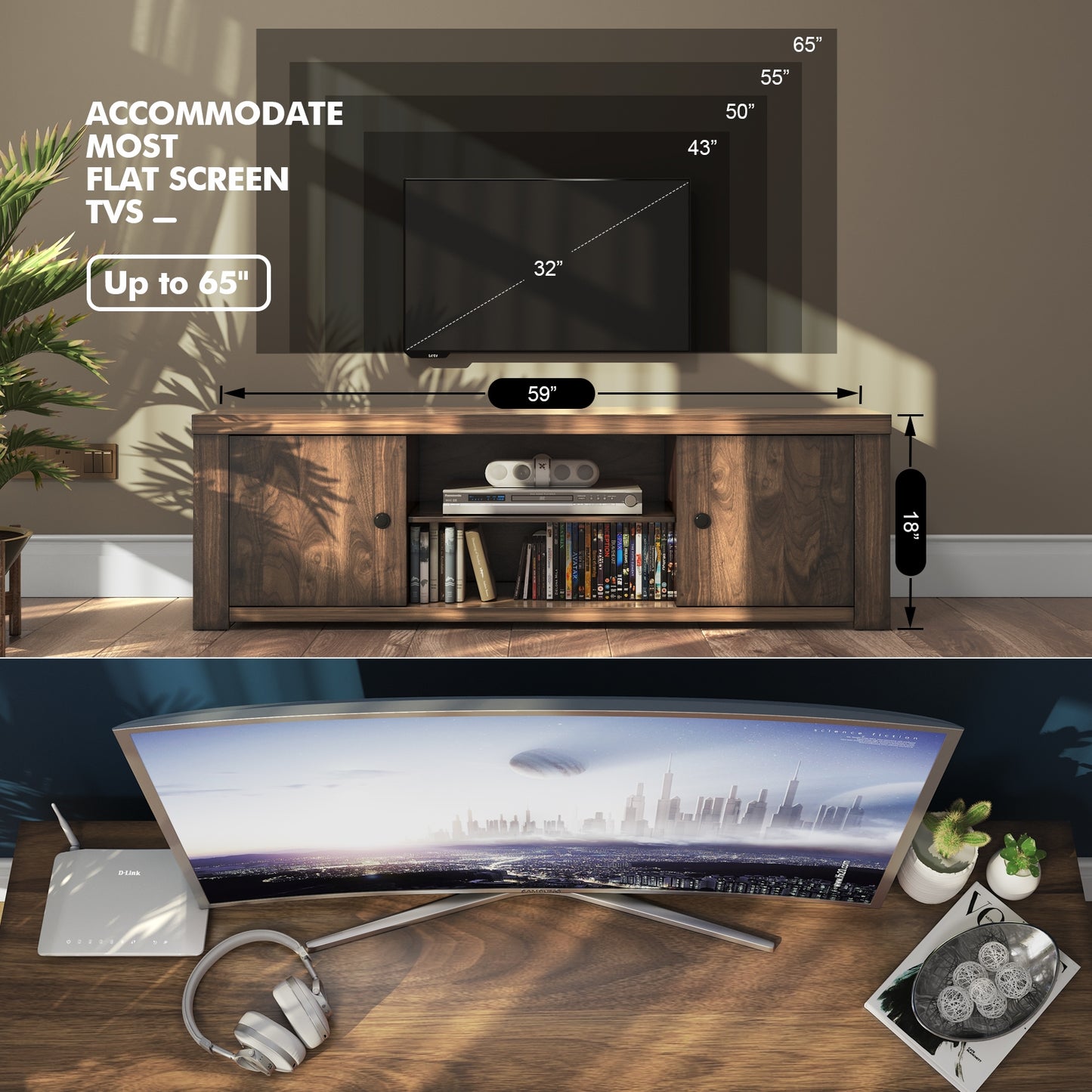 59 Inch Retro TV Console with Cabinets and Cable Management for TVs up to 65 Inch