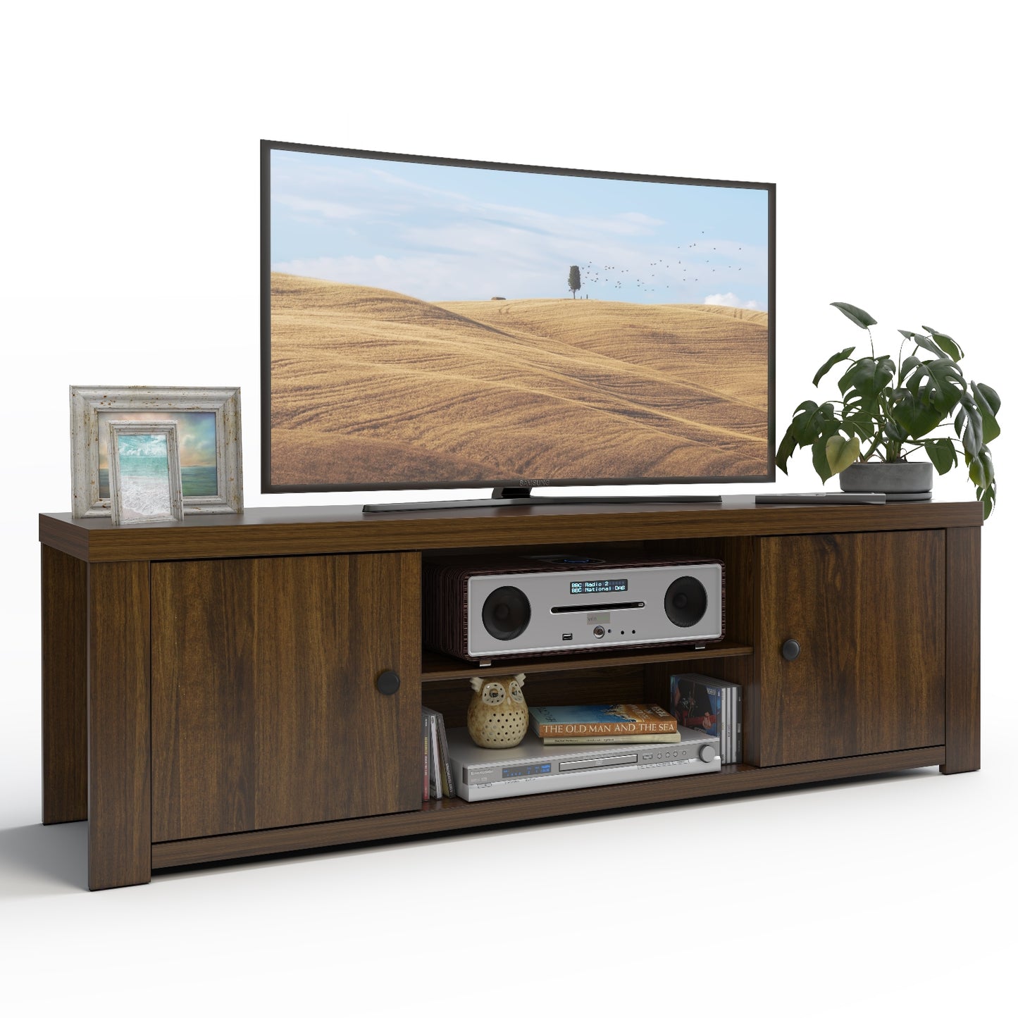 59 Inch Retro TV Console with Cabinets and Cable Management for TVs up to 65 Inch