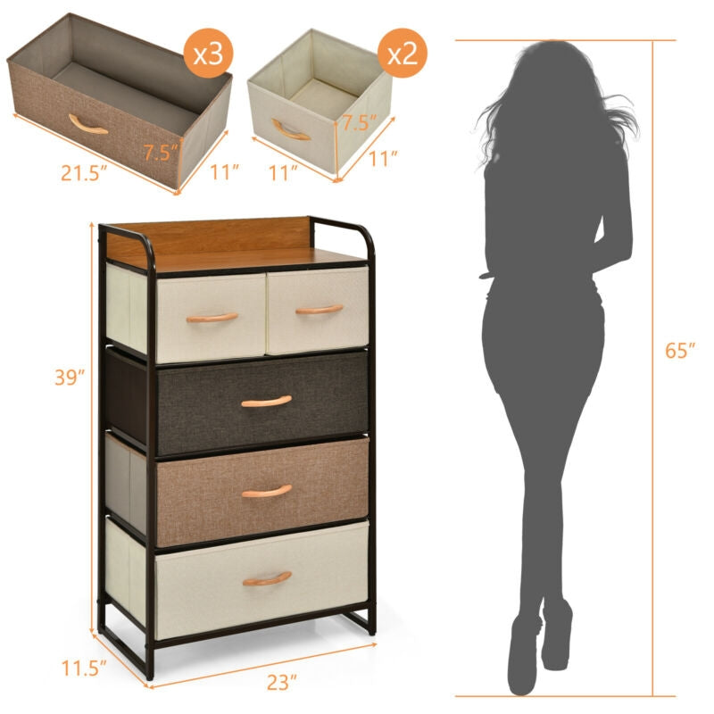 5 Drawer Fabric Dresser with Wooden Top and Steel Frame Storage Tower Multicolor