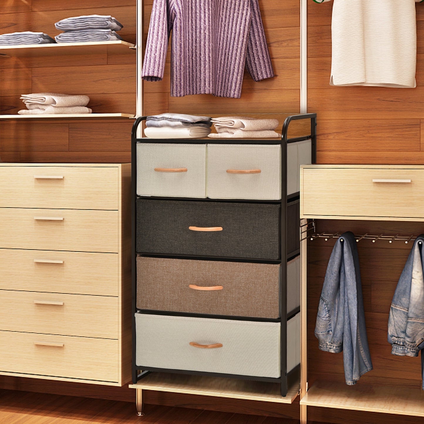 5 Drawer Fabric Dresser with Wooden Top and Steel Frame Storage Tower Multicolor