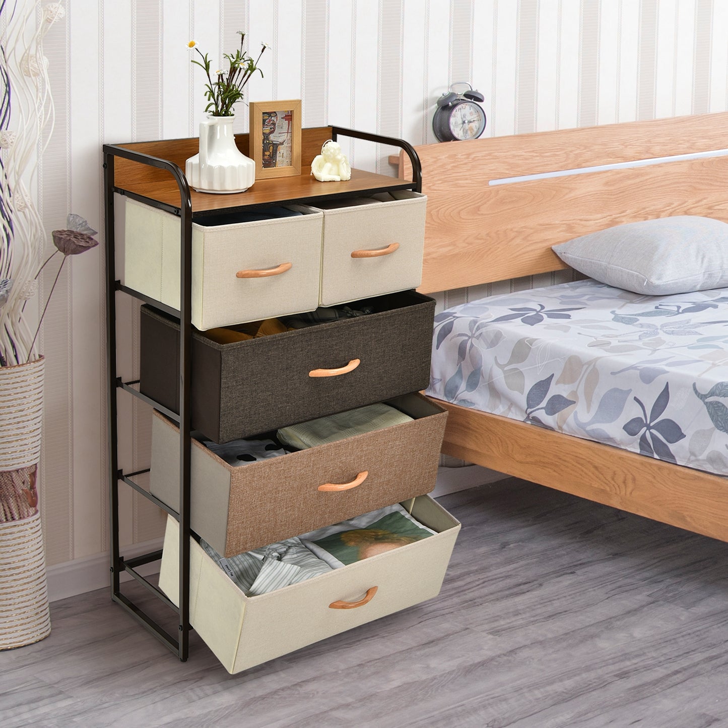 5 Drawer Fabric Dresser with Wooden Top and Steel Frame Storage Tower Multicolor