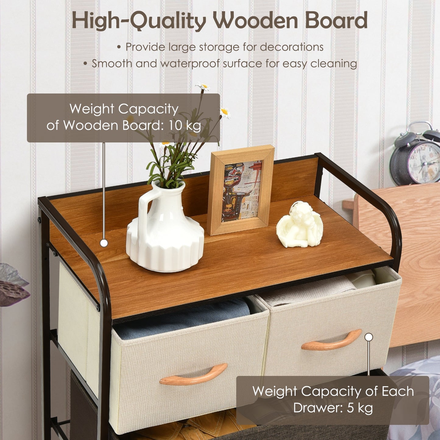 5 Drawer Fabric Dresser with Wooden Top and Steel Frame Storage Tower Multicolor