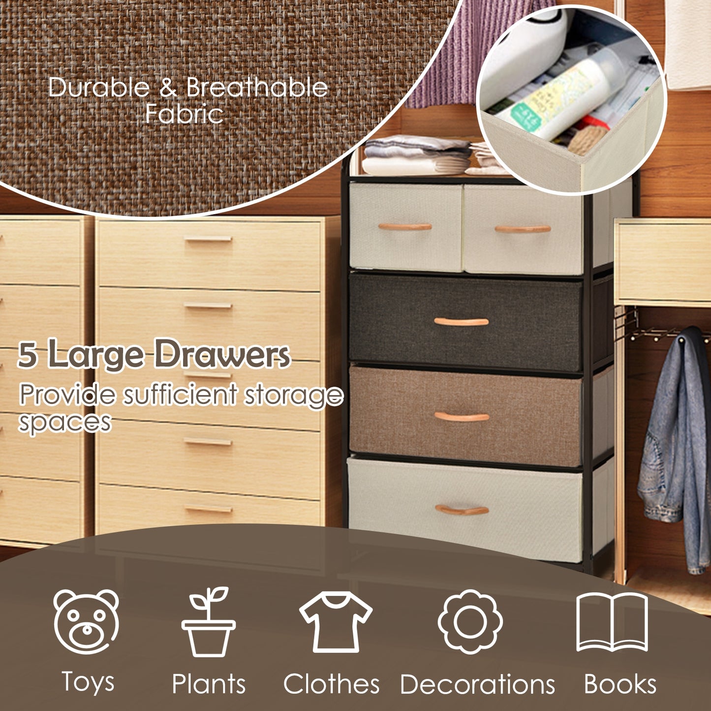 5 Drawer Fabric Dresser with Wooden Top and Steel Frame Storage Tower Multicolor