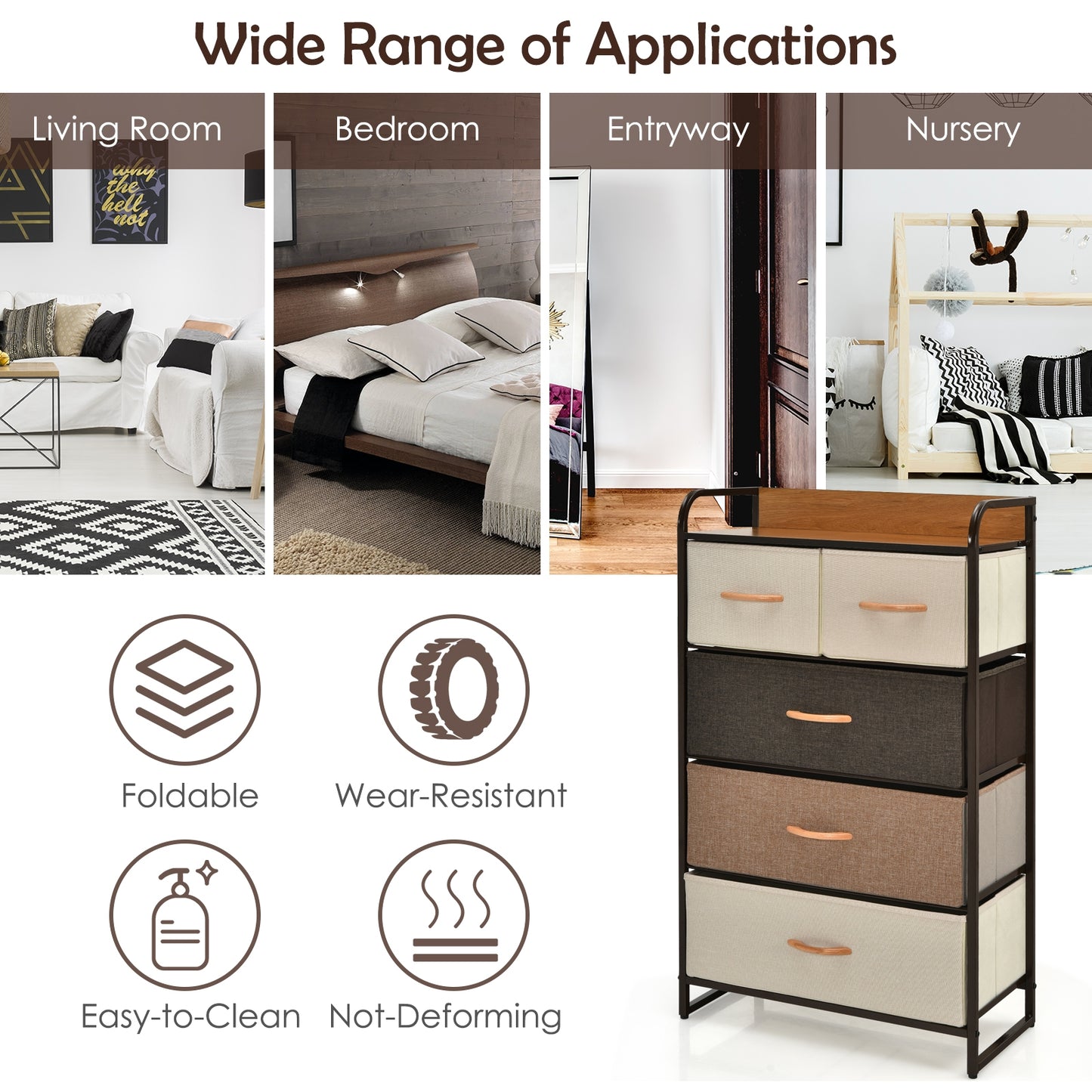 5 Drawer Fabric Dresser with Wooden Top and Steel Frame Storage Tower Multicolor