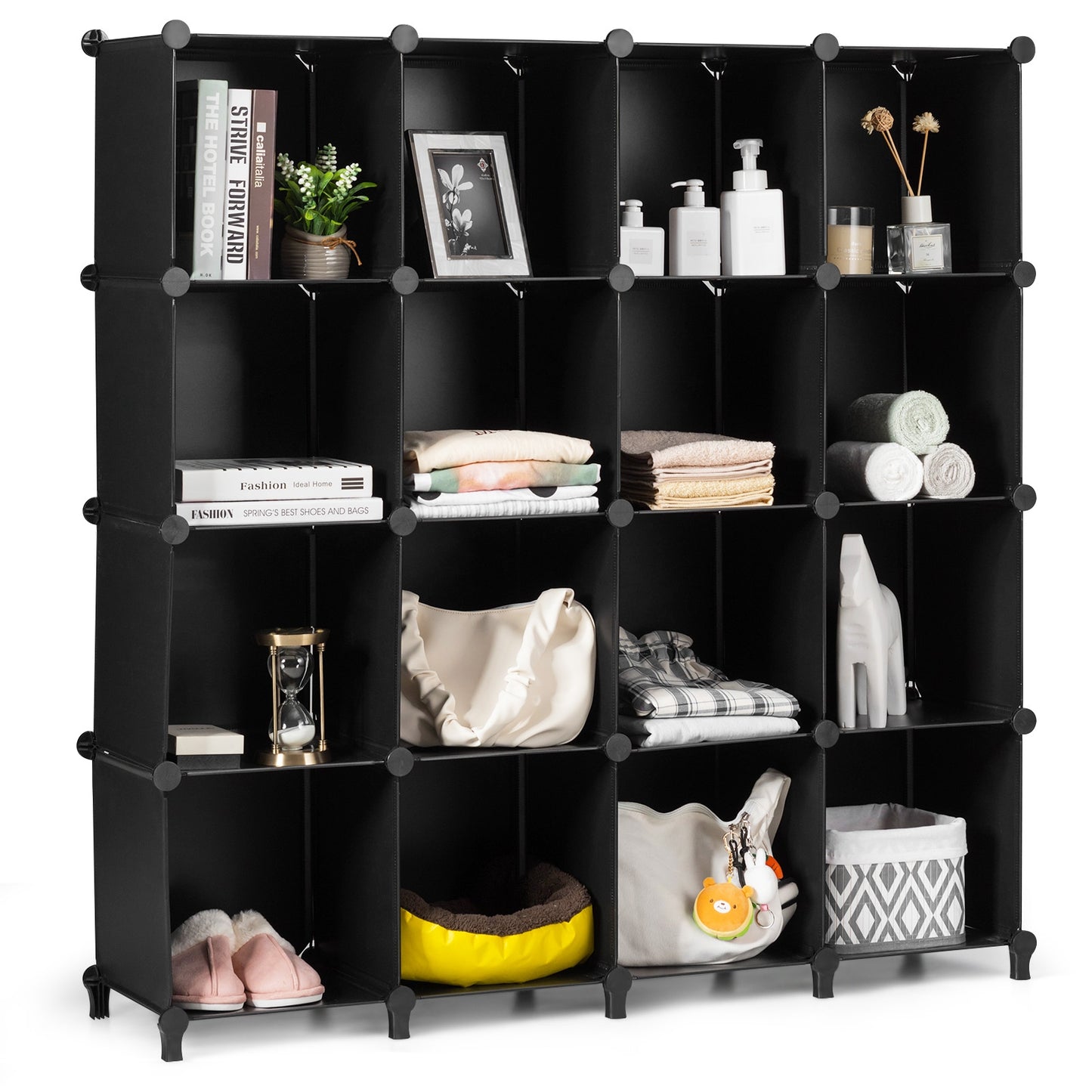 Modular 16-Cube Storage Organizer Shelf with Sturdy Plastic Panels and Steel Frame