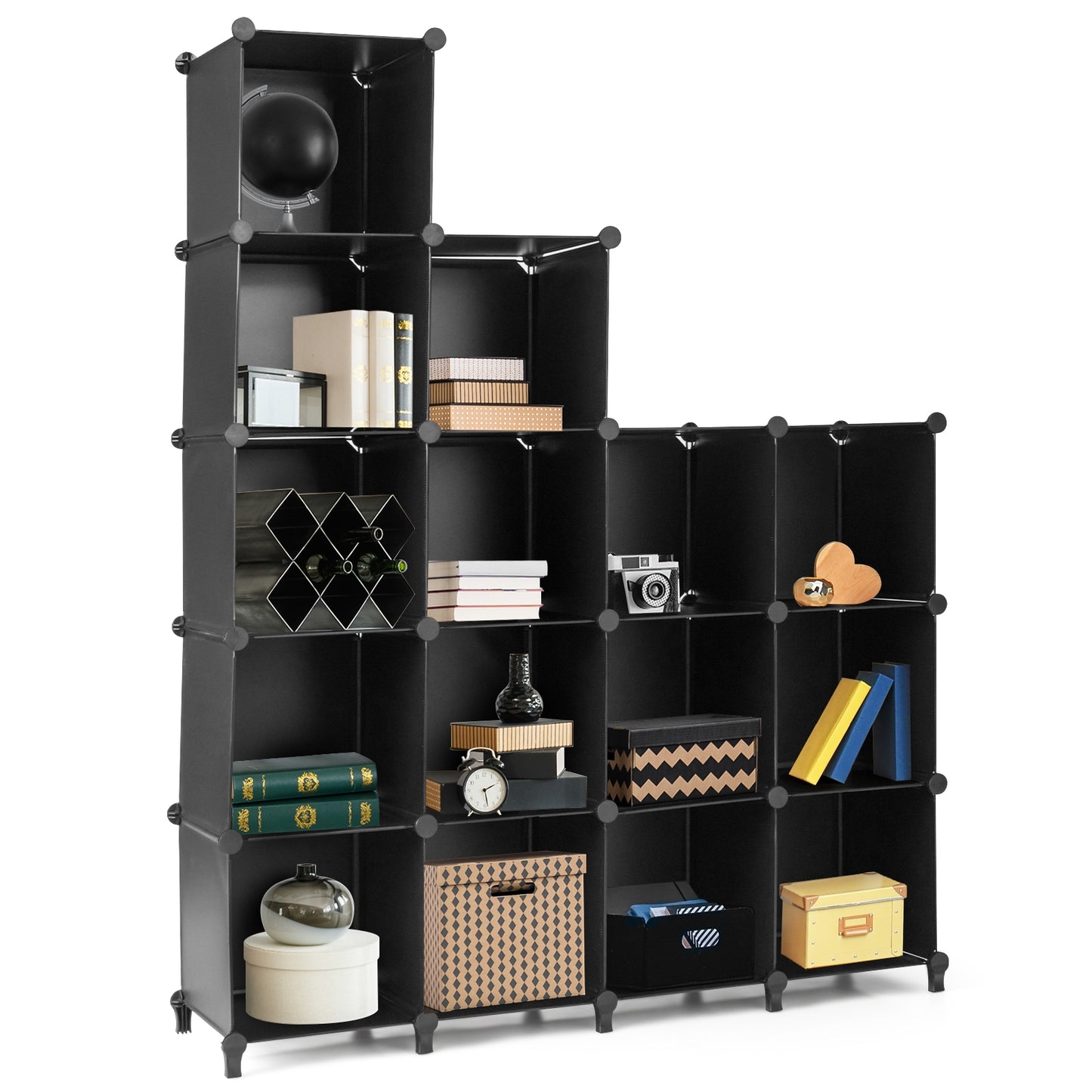 Modular 16-Cube Storage Organizer Shelf with Sturdy Plastic Panels and Steel Frame