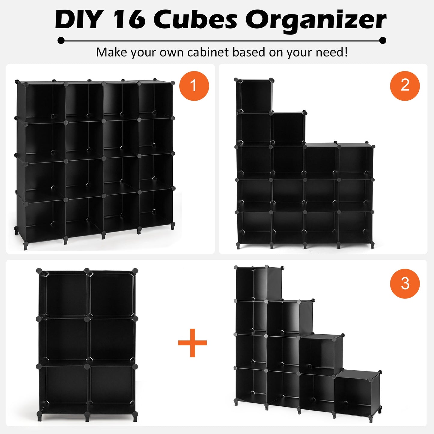 Modular 16-Cube Storage Organizer Shelf with Sturdy Plastic Panels and Steel Frame