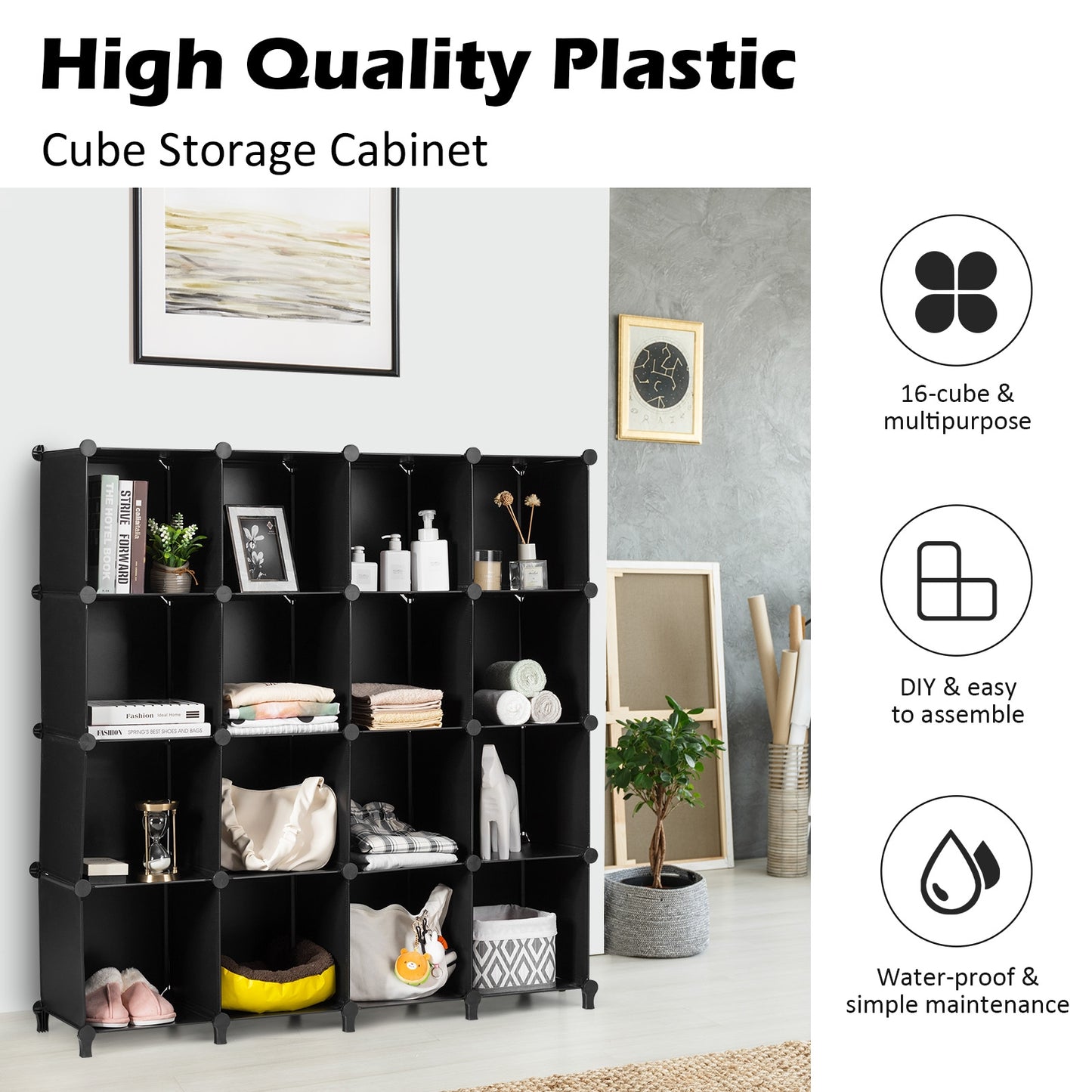 Modular 16-Cube Storage Organizer Shelf with Sturdy Plastic Panels and Steel Frame
