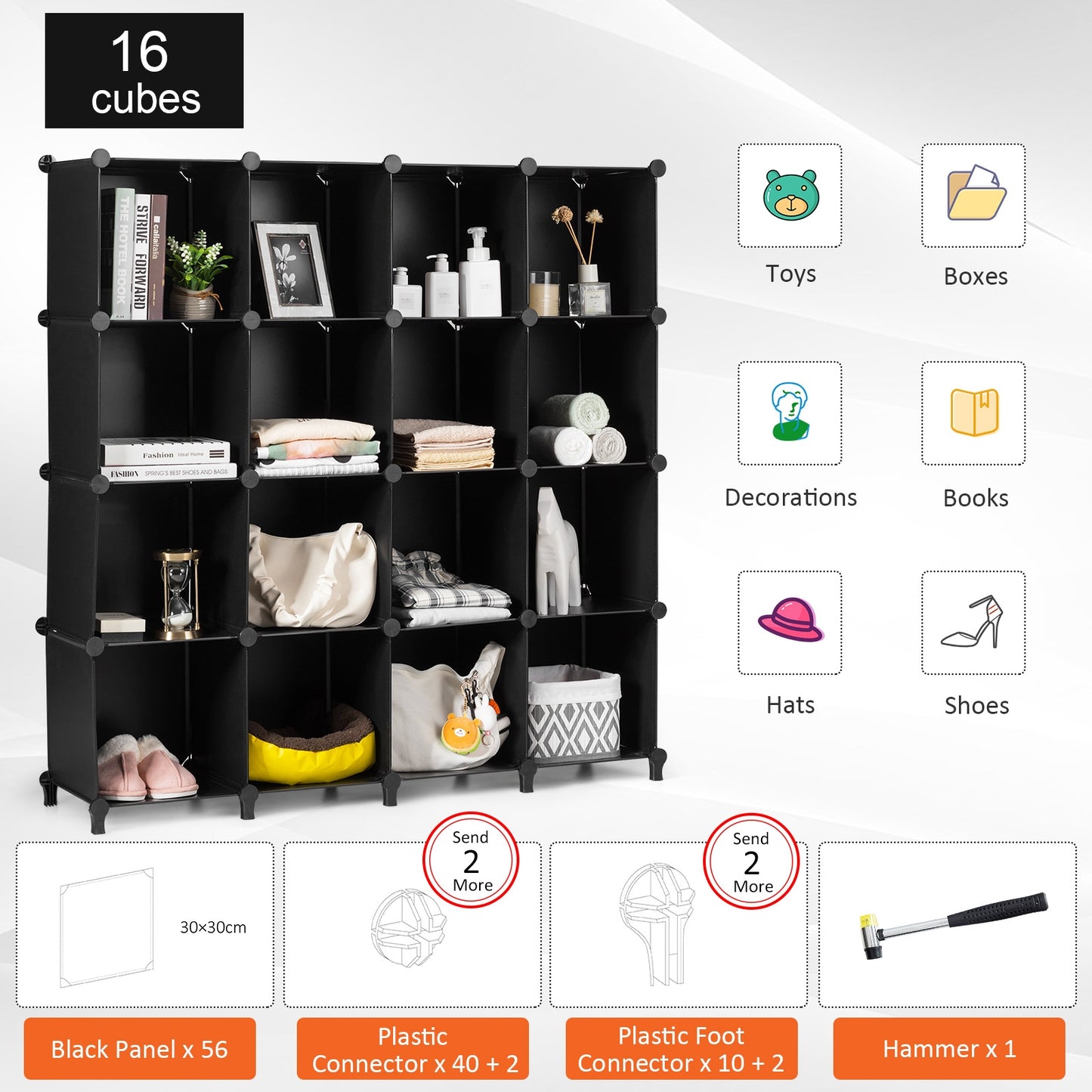 Modular 16-Cube Storage Organizer Shelf with Sturdy Plastic Panels and Steel Frame