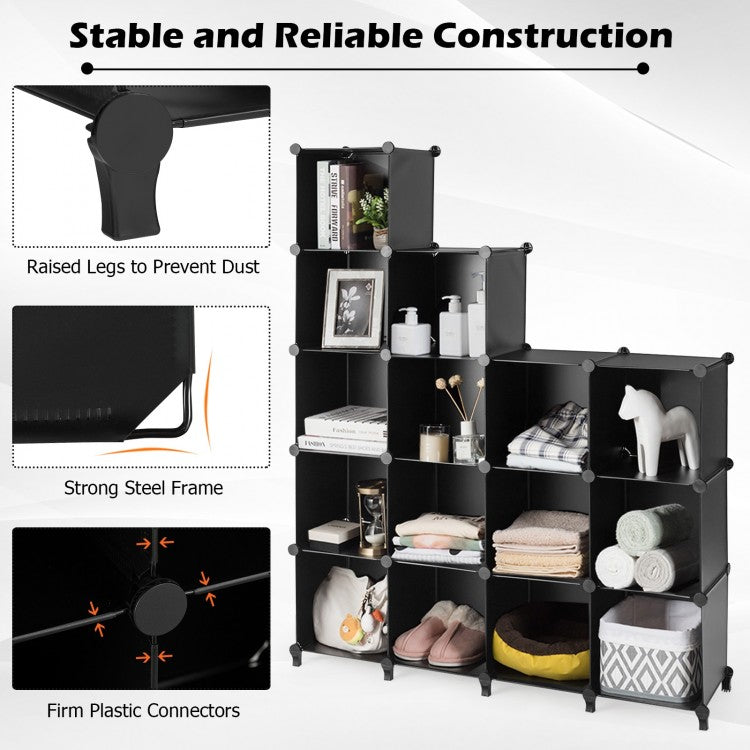 Modular 16-Cube Storage Organizer Shelf with Sturdy Plastic Panels and Steel Frame