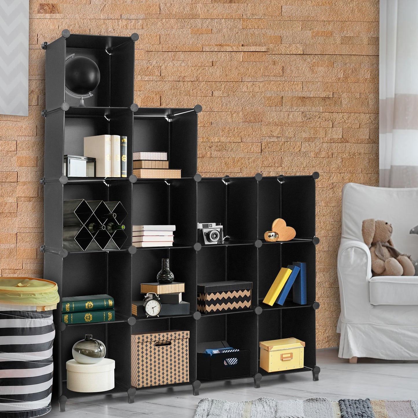 Modular 16-Cube Storage Organizer Shelf with Sturdy Plastic Panels and Steel Frame