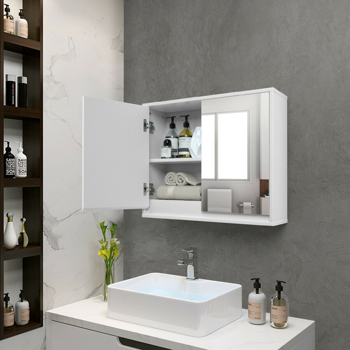 Wall-Mounted Double Mirrored Medicine Cabinet with Hidden Handle