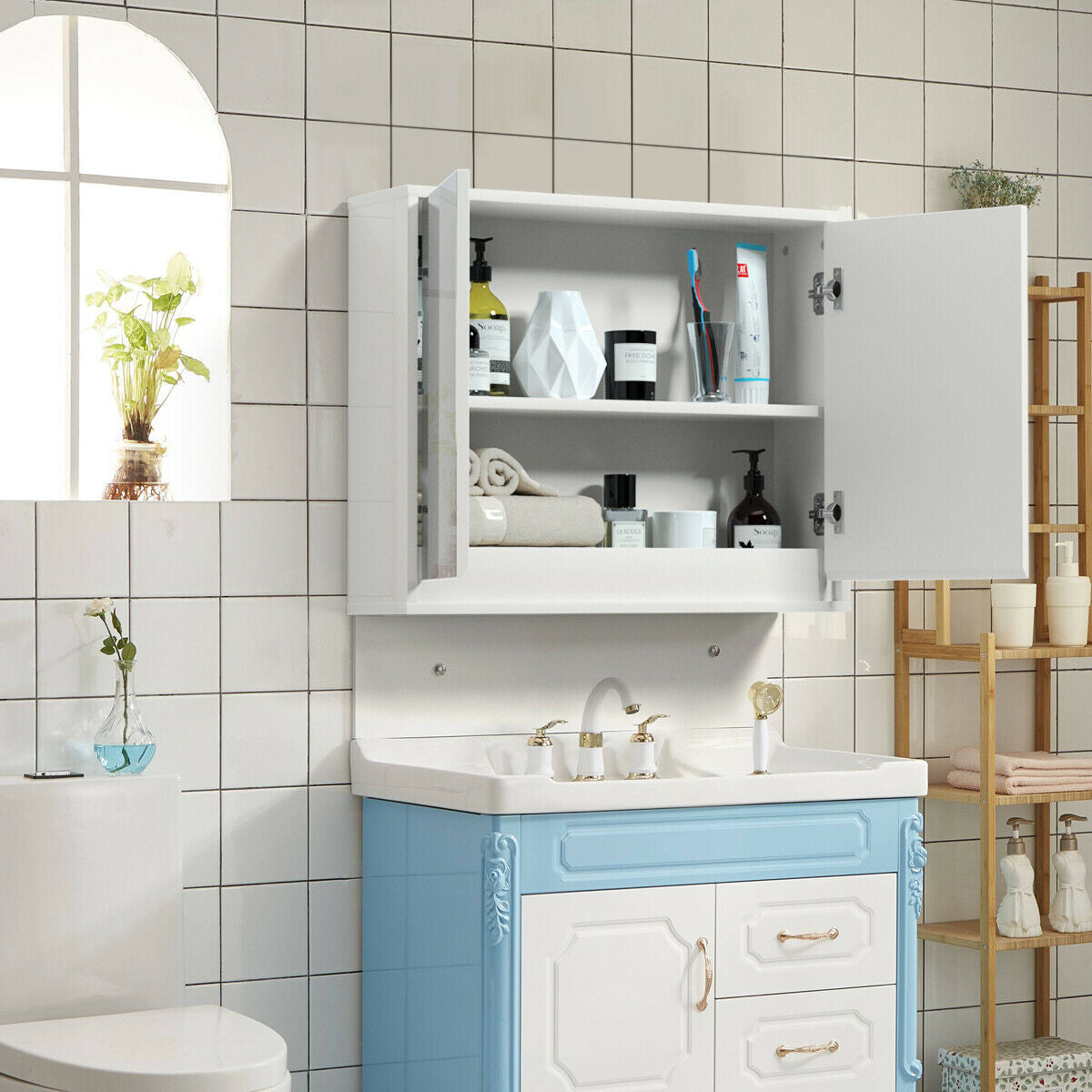 Wall-Mounted Double Mirrored Medicine Cabinet with Hidden Handle