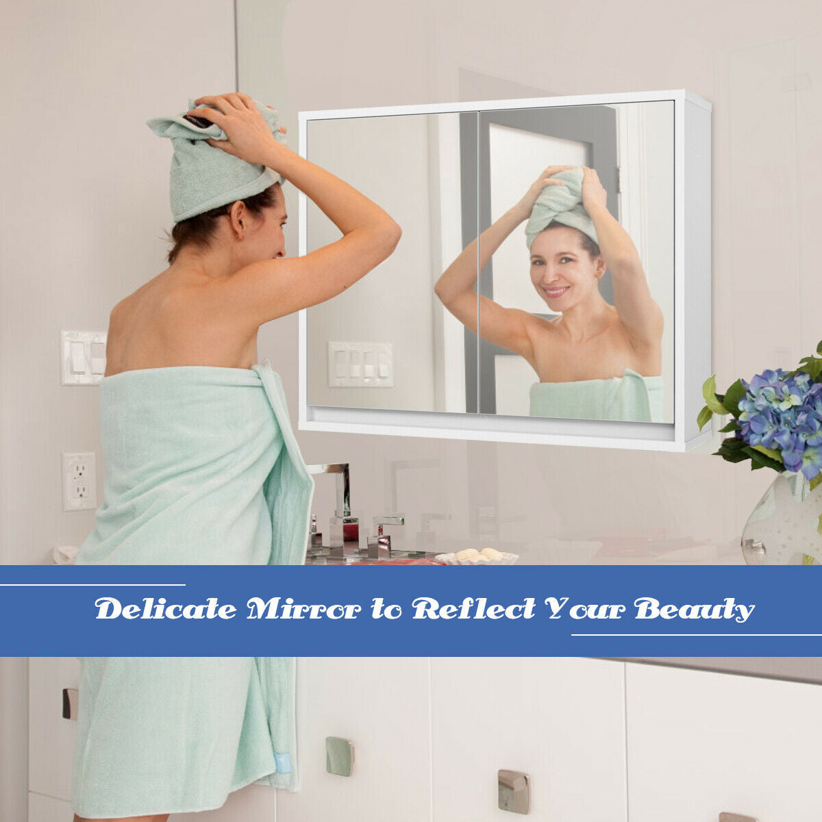 Wall-Mounted Double Mirrored Medicine Cabinet with Hidden Handle