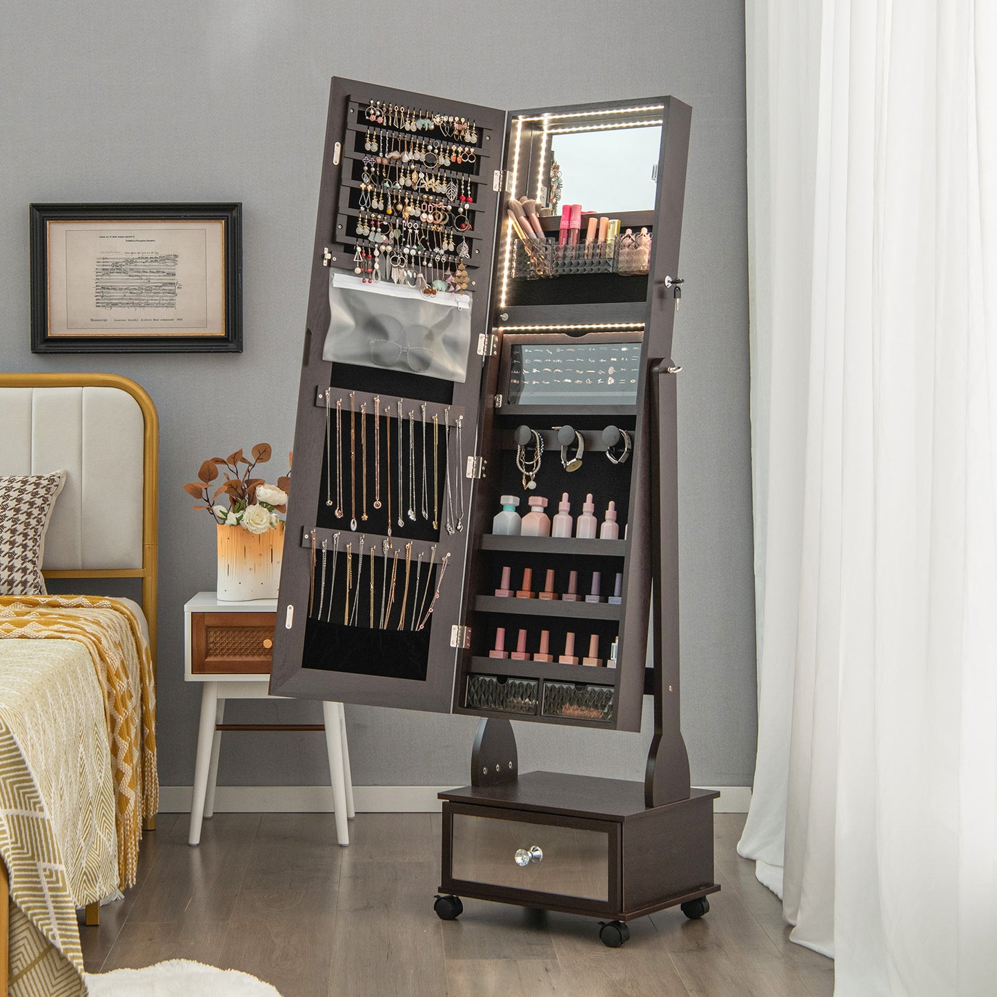 47 Inch Lockable Jewelry Armoire with 3-Color LED Lights & Full-Length Mirror - Brown