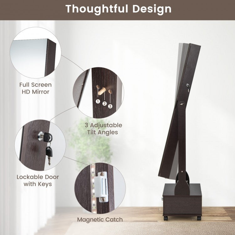 47 Inch Lockable Jewelry Armoire with 3-Color LED Lights & Full-Length Mirror - Brown