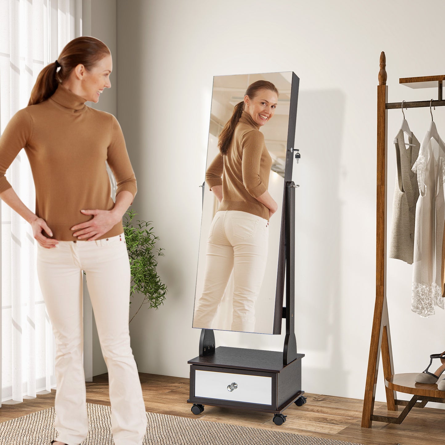 47 Inch Lockable Jewelry Armoire with 3-Color LED Lights & Full-Length Mirror - Brown