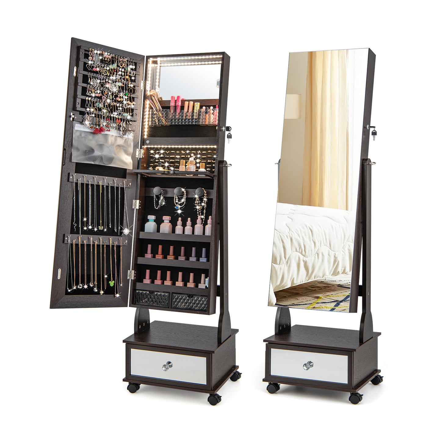 47 Inch Lockable Jewelry Armoire with 3-Color LED Lights & Full-Length Mirror - Brown